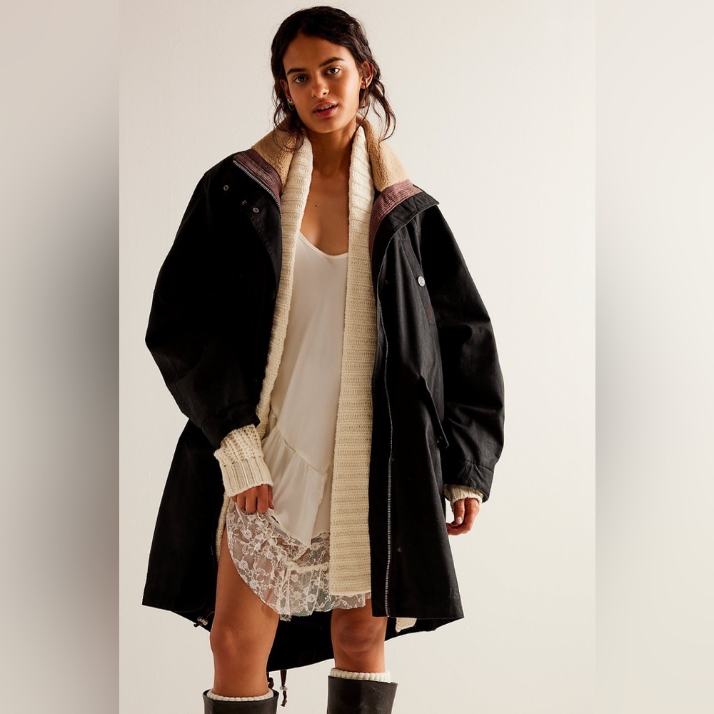 Free People We The Free Juki Waxed Parka Black Medium 100% Cotton Barn Jacket